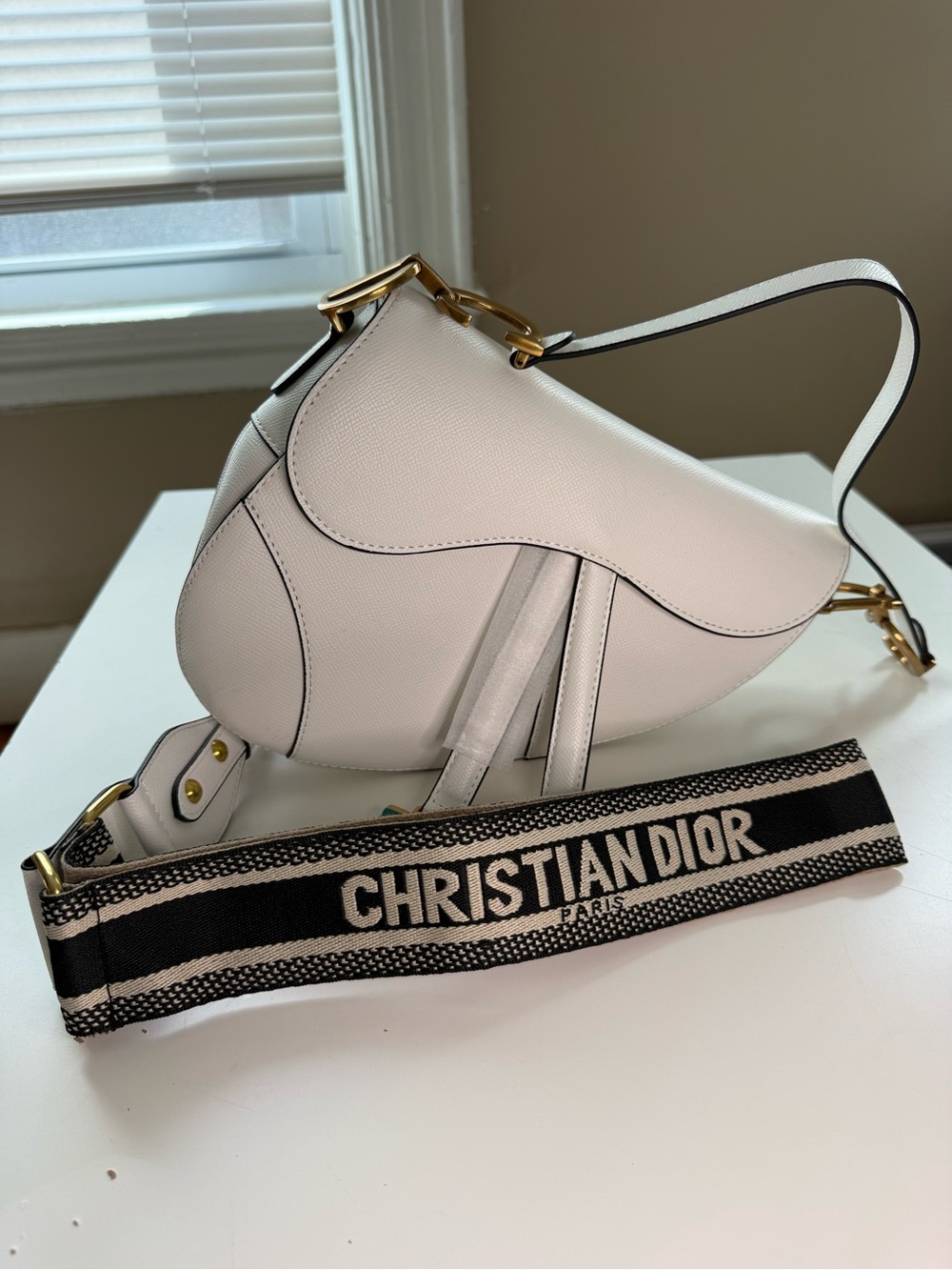 Dior Cream Leather Saddle Bag with Black-Trim Woven Strap